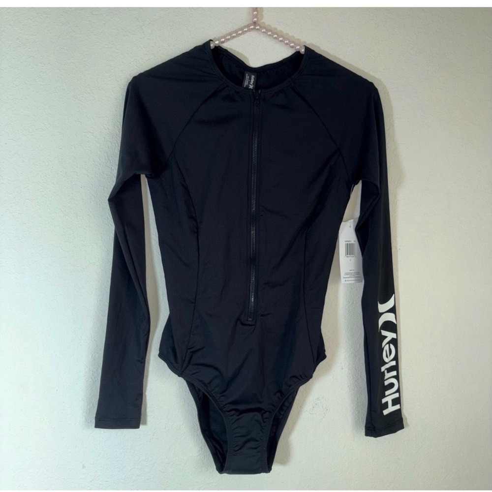 Hurley One Piece Swimsuit Small Black NEW Long Sleeve Rash Guard Logo Zip Front